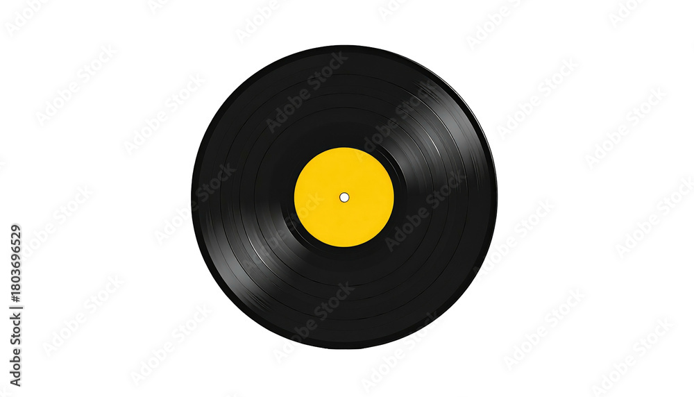 Fototapeta premium Black vinyl record with a yellow center isolated on a black background with concentric rings