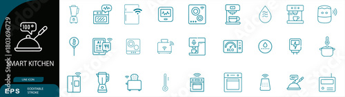 Smart kitchen appliances line icons set, minimal outline modern vector