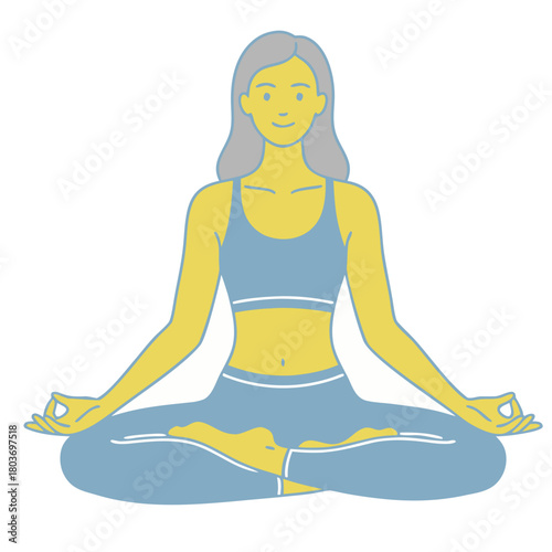 Woman meditating in lotus pose (Padmasana) illustration. Female character practicing yoga, mindfulness, and relaxation in a clean, minimalist line art style.