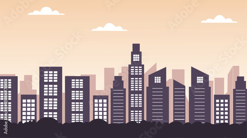 Night city skyline vector illustration with tall buildings and glowing silhouette