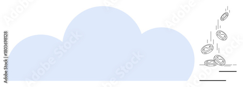 Large cloud and falling coins representing investment, data storage, digital innovation, and profitability. Ideal for technology, economy, finance, cloud computing, innovation business simplicity
