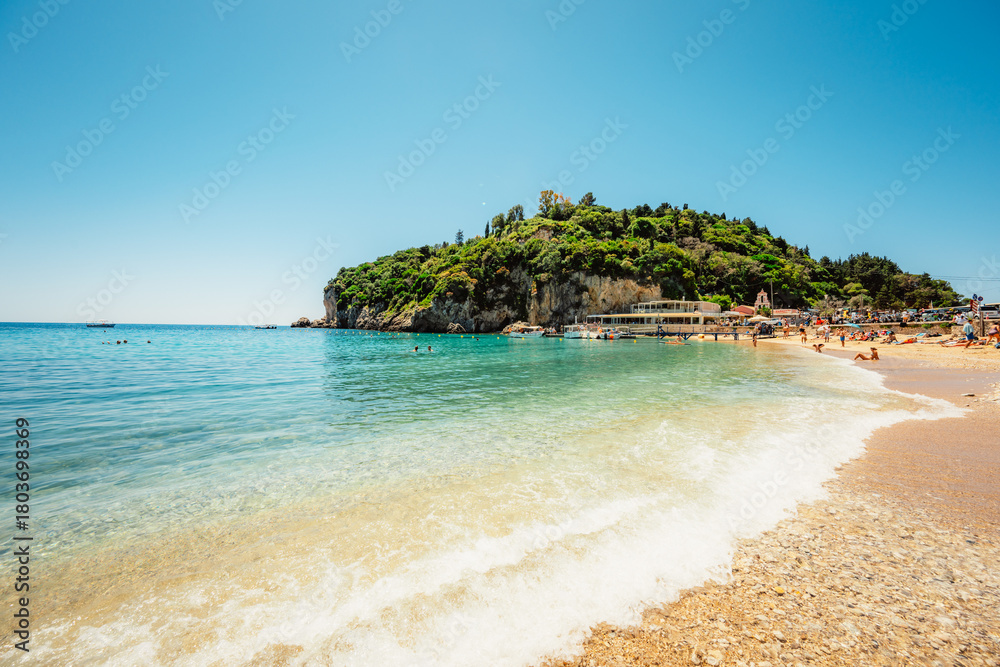 Fototapeta premium Holy Monastery of the Virgin Mary at Paleokastritsa in Corfu. Palaiokastritsa bay on the Greek island of Corfu