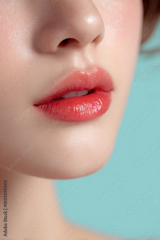 Obraz premium Fresh Korean Gradient Lip Look on Pastel Blue Backdrop 