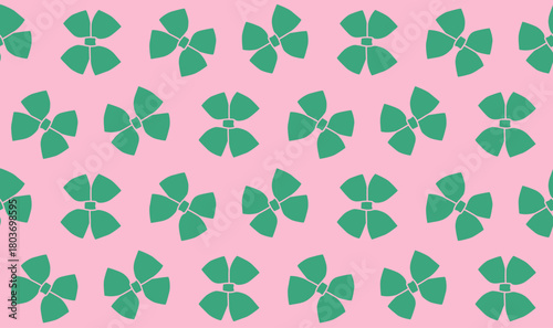 Minimalistic summer seamless pattern with decorative green ribbon bows, hand drawn element, butterfly-like bow silhouette on pink background for print, banner, wallpaper, fabric. Flat vector EPS10