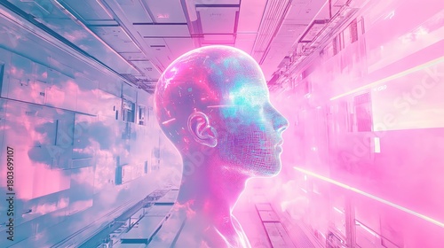 Fototapeta Naklejka Na Ścianę i Meble -  Artificial intelligence digital human head in abstract futuristic tunnel