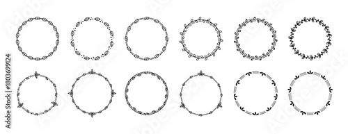 Black round border frames with leaf ornaments, isolated on a white background. Large collection of different circles, edging, outline plant rims. Vector big set of decorative circles for stamp, badge