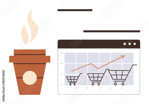 Coffee cup with steam beside a digital graph displaying rising trend and shopping carts on screen. Ideal for business trends, e-commerce, productivity, online shopping, growth, sales, motivation