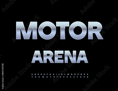 Vector Chrome logo Motor Arena. Stainless Steel Font. Glossy Metallic Alphabet Letters and Numbers.