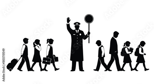 Crossing guard safely guides children to school in morning commute