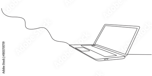 Single line drawing of laptop gadget isolated on white background. Vector illustration, One line drawing of laptop gadget