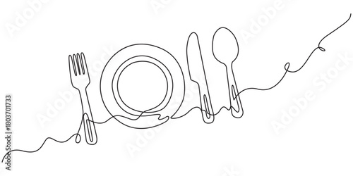 Continuous one line drawing of plate, spoon and fork minimal outline vector illustration, Continuous single line drawing of a plate with fork and knife. Editable stroke