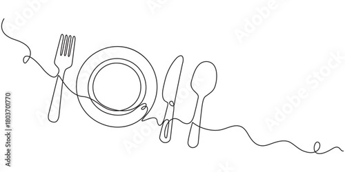 Continuous one line drawing of plate, spoon and fork minimal outline vector illustration, Continuous single line drawing of a plate with fork and knife. Editable stroke