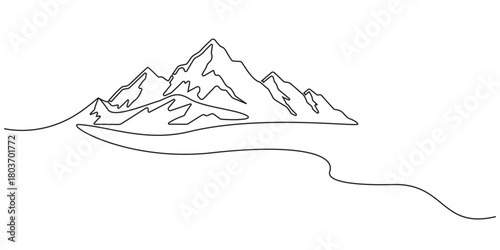 One continuous line drawing of mountain range landscape template, Minimalist mountain continuous one line drawing vector illustration, Continuous one line drawing of mountain range landscape.
