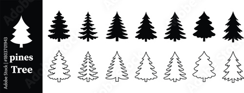Ten dark green stylized Christmas trees with stars on white background pine tree fir tree