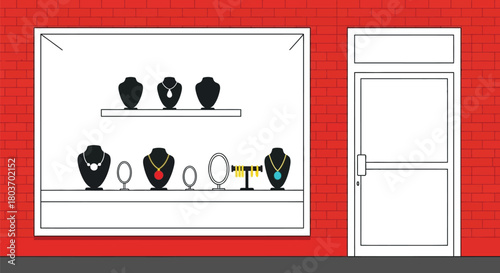 Elegant jewelry displayed in boutique window on brick wall backdrop