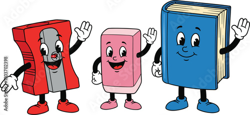 Cute cartoon school supplies characters waving happily – pencil sharpener, eraser, and book with smiling faces and colorful shoesCute cartoon school supplies characters waving happily 