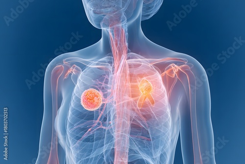 Detailed medical graphic illustrating advanced-stage breast cancer with metastasis spreading to the bone and chest showing affected organs, tissue structure, and disease progression