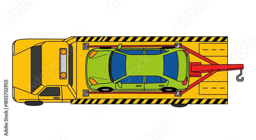 Tow truck transporting green car, roadside assistance service concept