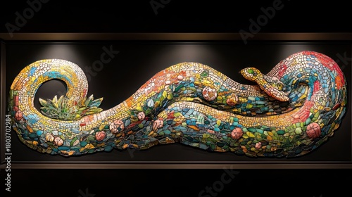 Snake whose scales are tiny, intricate, colorful mosaics telling a story, surreal narrative serpent, museum spotlight