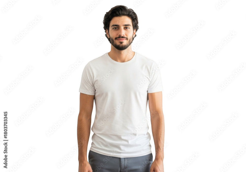 Fototapeta premium A young adult male with dark hair and a beard wearing a plain white t shirt and grey pants standing facing forward isolated on transparent background