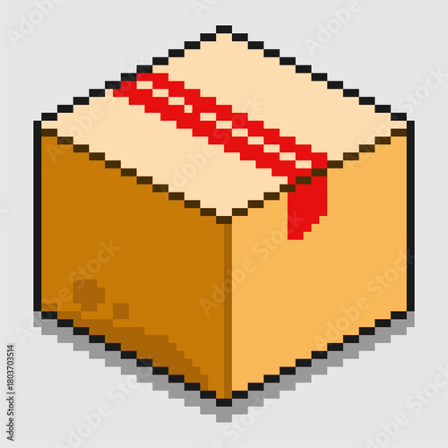 Pixel Cardboard Box Icon with Tape in Simple Retro Delivery Style