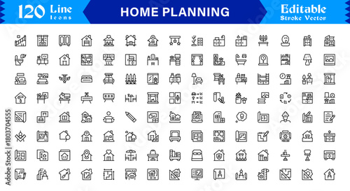 Home Planning line icon set featuring editable, pixel-perfect, and clean line icons. Includes professional, modern, and minimal visuals ideal for architecture and design projects.