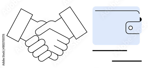 Handshake symbolizing agreement next to a wallet, representing financial transactions. Ideal for business, partnership, trust, investment, finance, deal-making trade. Simple flat metaphor