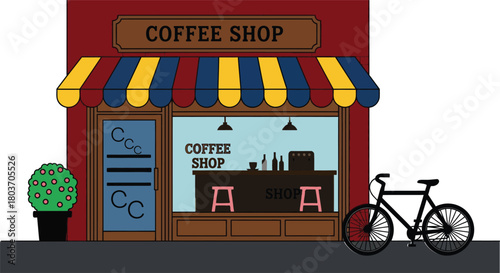 Charming coffee shop facade with bike offers inviting vintage appeal