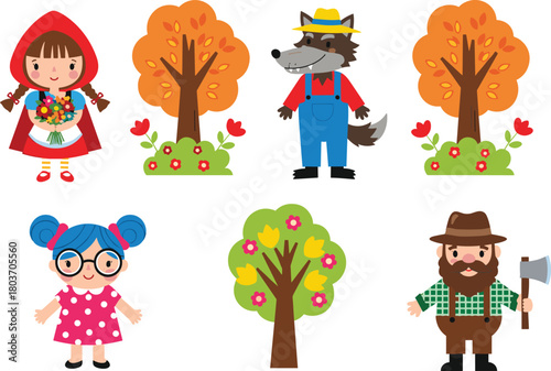 Little Red Riding Hood, fairy tale characters, cartoon wolf, woodsman, autumn trees, children story, fantasy scene, colorful illustration, kids