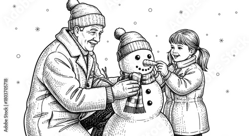 Grandfather and Granddaughter Building a Snowman Together: Vintage Engraving Sketch and Black and White Woodcut Vector Illustration of Winter Activity.