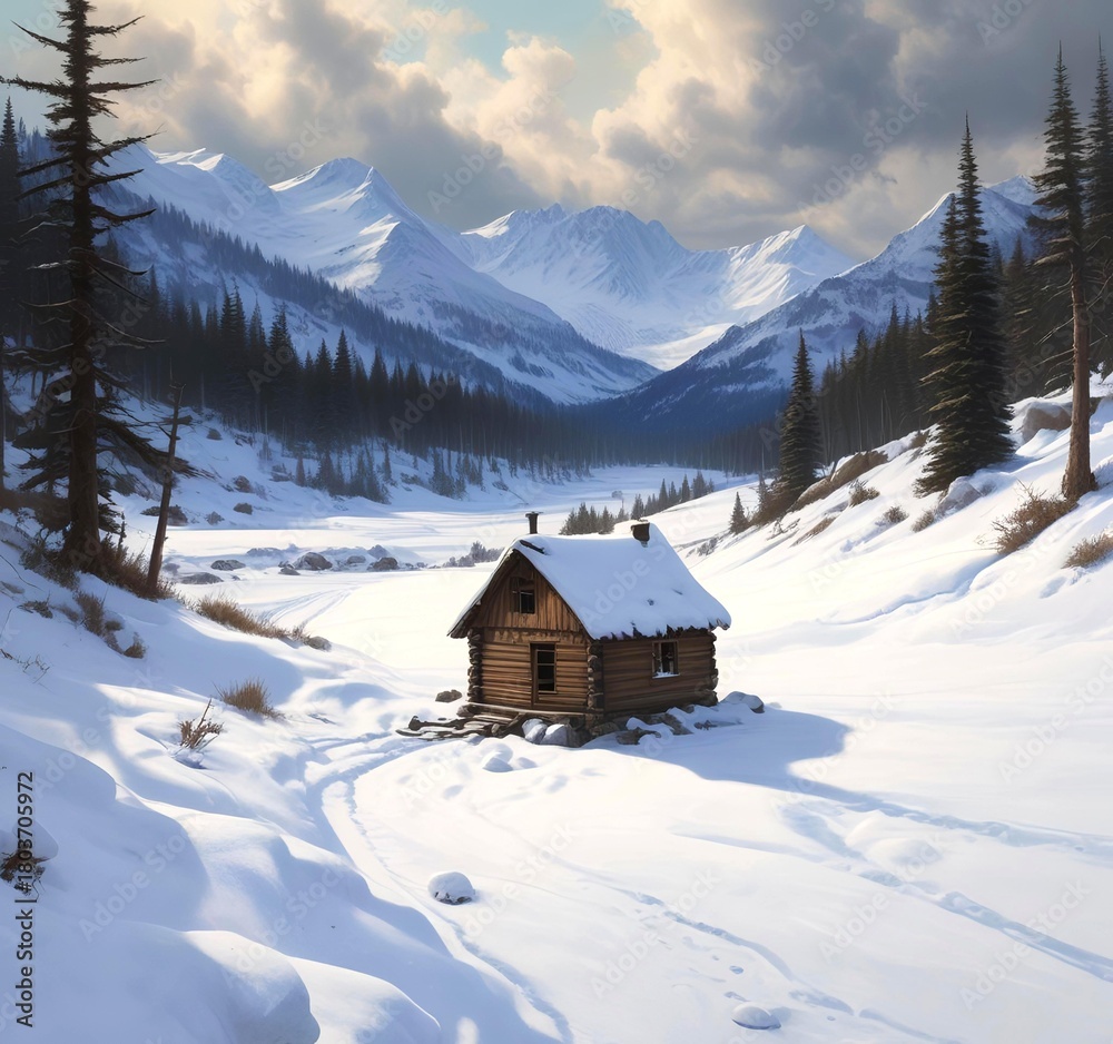 Fototapeta premium Wooden cabin in snowy mountain