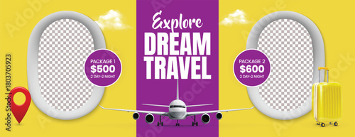 Travel Sale Horizontal Banner and Tourism Social Media Cover Featuring Travel Agency Promotion, Hotel Resort Booking, Adventure Trip Deals, Online Ticket Service, Holiday Tour Template Design