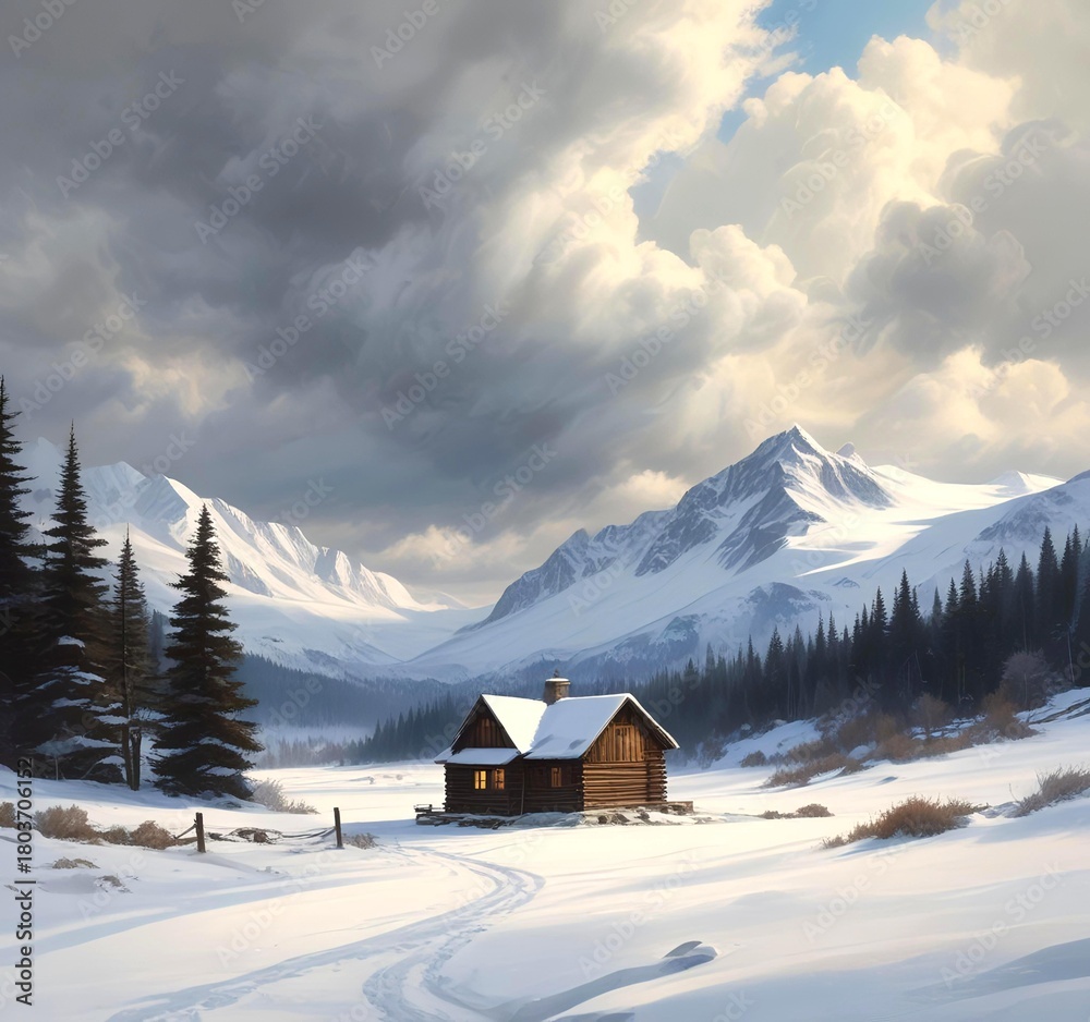 Fototapeta premium Wooden cabin in snowy mountain
