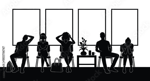 Diverse silhouettes waiting anxiously in waiting room with blank frames