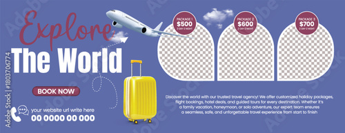 Travel Agency Social Media Cover and Travelling Agency Business Banner Featuring Summer Holiday Tour Promotion, Hotel Resort Booking, Travel Deals, Adventure Trip Web Advertisement Template Design