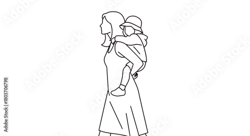 Loving mother carrying child on back for family values promotion