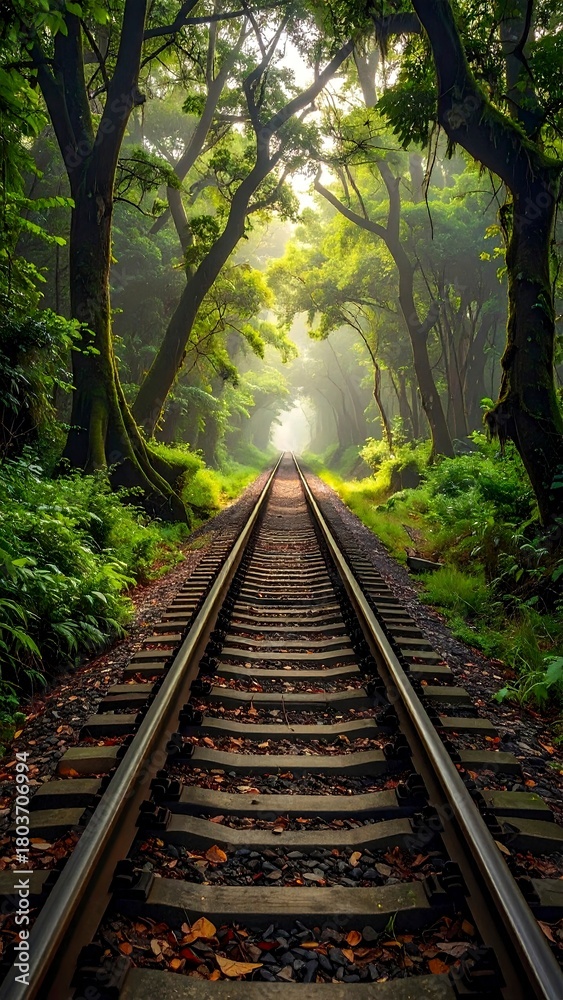 Obraz premium Railway Through Verdant Forest - A Journey into Natures Embrace.