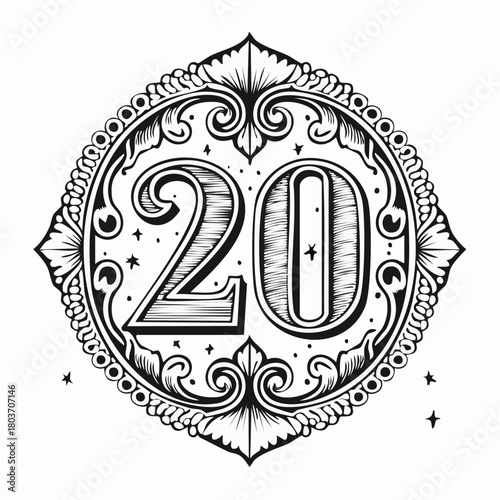 Number 20 with 3d bevel classic ornaments, engraving, and lino cut style illustration