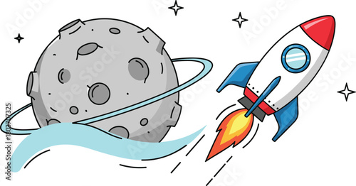 A cute cartoon rocket flying through outer space with planets, stars, and galaxies. Perfect for children’s books, science projects, space themes, and educational designs.