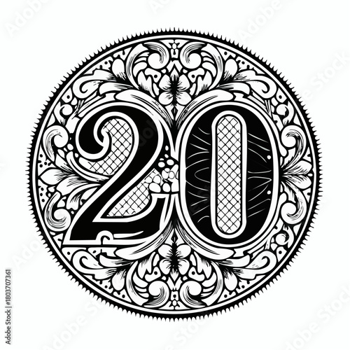 Number 20 with 3d bevel classic ornaments, engraving, and lino cut style illustration