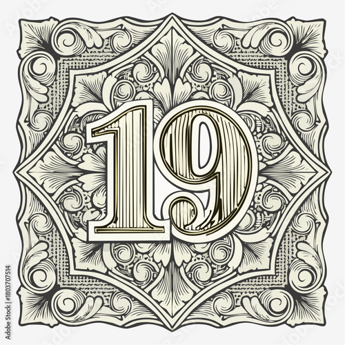Number 19 with 3d bevel classic ornaments, engraving, and lino cut style illustration