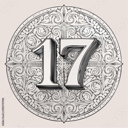 Number 17 with 3d bevel classic ornaments, engraving, and lino cut style illustration