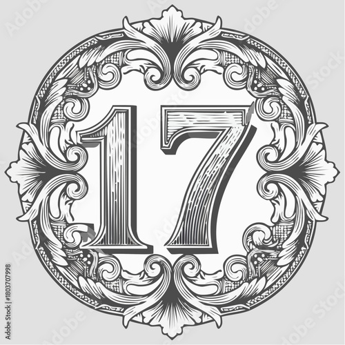 Number 17 with 3d bevel classic ornaments, engraving, and lino cut style illustration