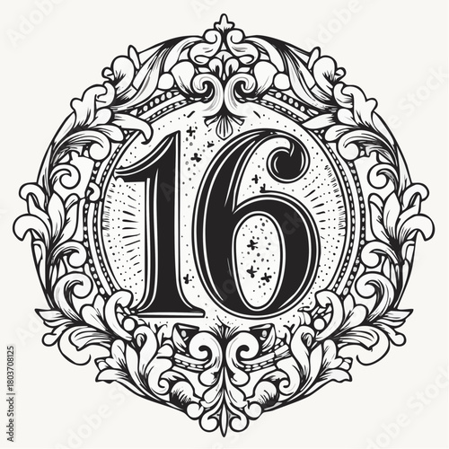 Number 16 with 3d bevel classic ornaments, engraving, and lino cut style illustration