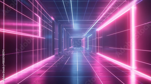 Fototapeta Naklejka Na Ścianę i Meble -  Abstract neon tunnel creating futuristic digital space grid