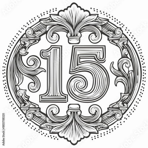 Number 15 with 3d bevel classic ornaments, engraving, and lino cut style illustration