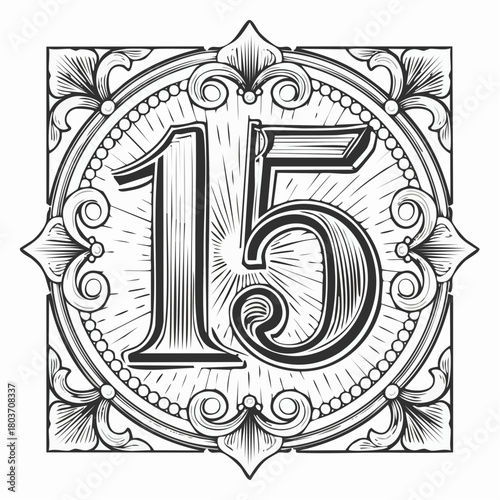 Number 15 with 3d bevel classic ornaments, engraving, and lino cut style illustration