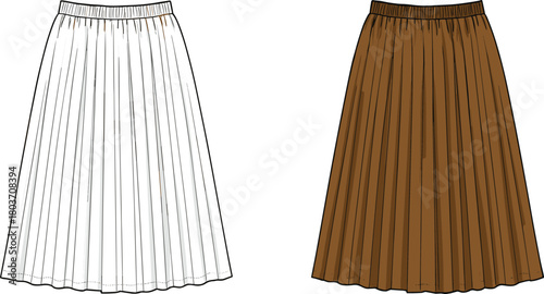 Pleated Midi Skirt Fashion Technical Drawing, Elastic Waistband Skirt Design, Women's Apparel Template - CAD Drawing Flat Vector Illustration