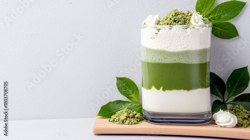 A tall glass filled with a layered green matcha drink, topped with whipped cream and dusted with matcha powder, surrounded by fresh green leaves and matcha powd