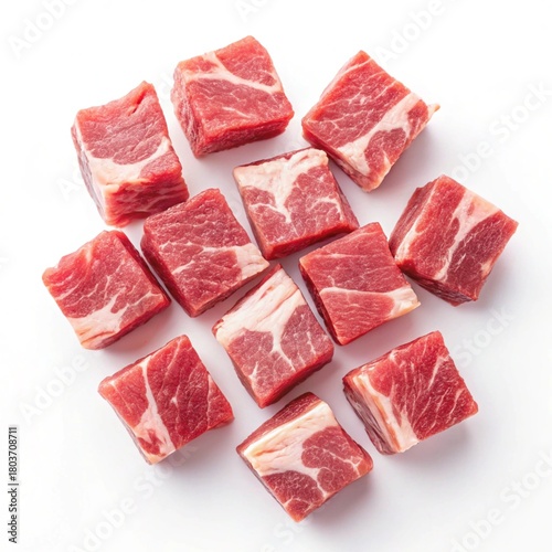Overhead View of Raw Diced Beef Cubes on White,Raw Beef Cubes for Cooking Top View,Cubed Raw Beef Meat Overhead Photography